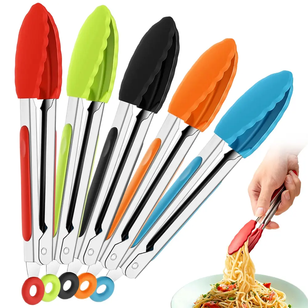 5 Pack Mini Kitchen Tongs – 7 Inch Silicone Tongs for Cooking, Serving, BBQ, Small Stainless Steel Food Tong with Non‑Slip Silicone Tips, Dishwasher Safe – Perfect for Salad, Bread, Buffet, Party, Picnic, and Daily Kitchen Use