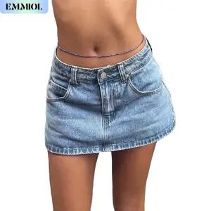 EMMIOL Vintage Blue Fit Denim Mini Jean Skirt for Women - Casual Style Regular Fit Above Knee Cotton Material Multi Belt Loops No Sheer Material Chic Womenswear Machine Washable - Bottom