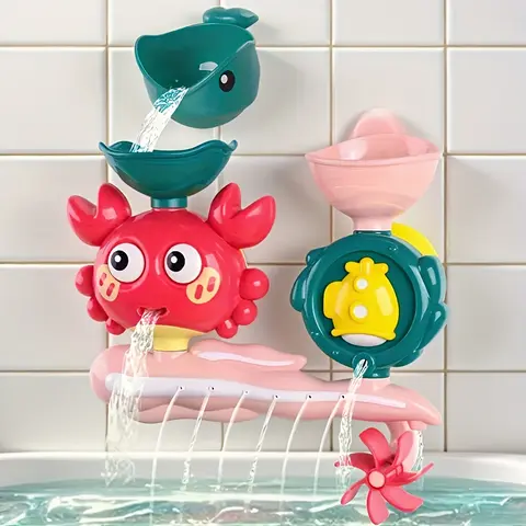 Interactive Sensory Crab Design Baby Bath Toy, Water Spinner & Suction Cup, Durable ABS Material, White/Blue/Red, Safe for Kids, Bathroom & Shower Fun, Playful Design with Easy-Grip Handle
