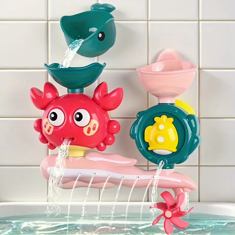 Interactive Sensory Crab Design Baby Bath Toy, Water Spinner & Suction Cup, Durable ABS Material, White/Blue/Red, Safe for Kids, Bathroom & Shower Fun, Playful Design with Easy-Grip Handle