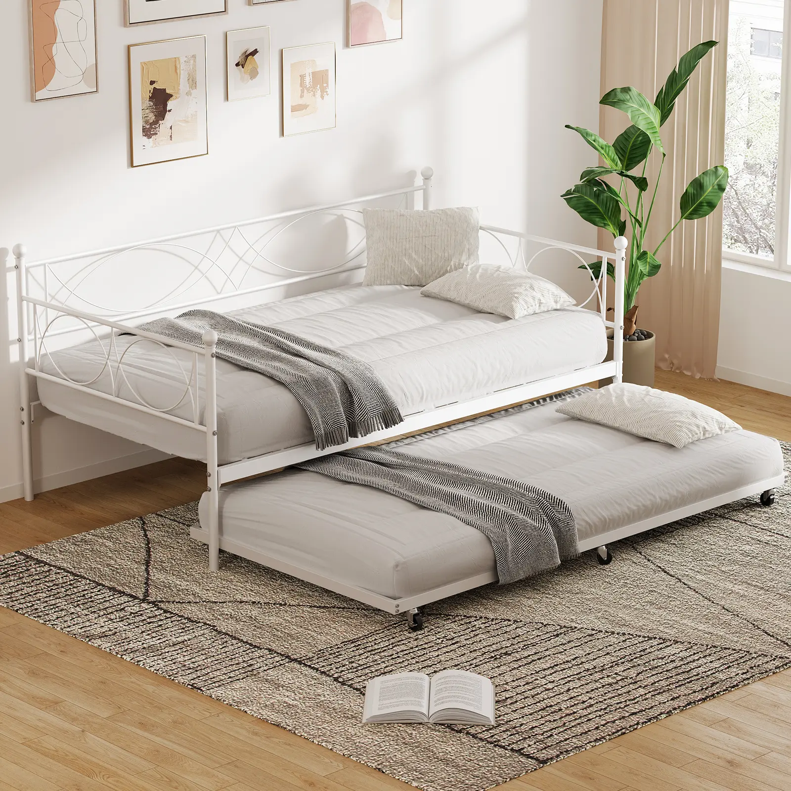 Space-Saving Twin Metal Daybed with Trundle - Heavy Duty Steel Frame Sofa Bed - Sturdy Metal Slats for Bedroom, Living Room, Guest Room