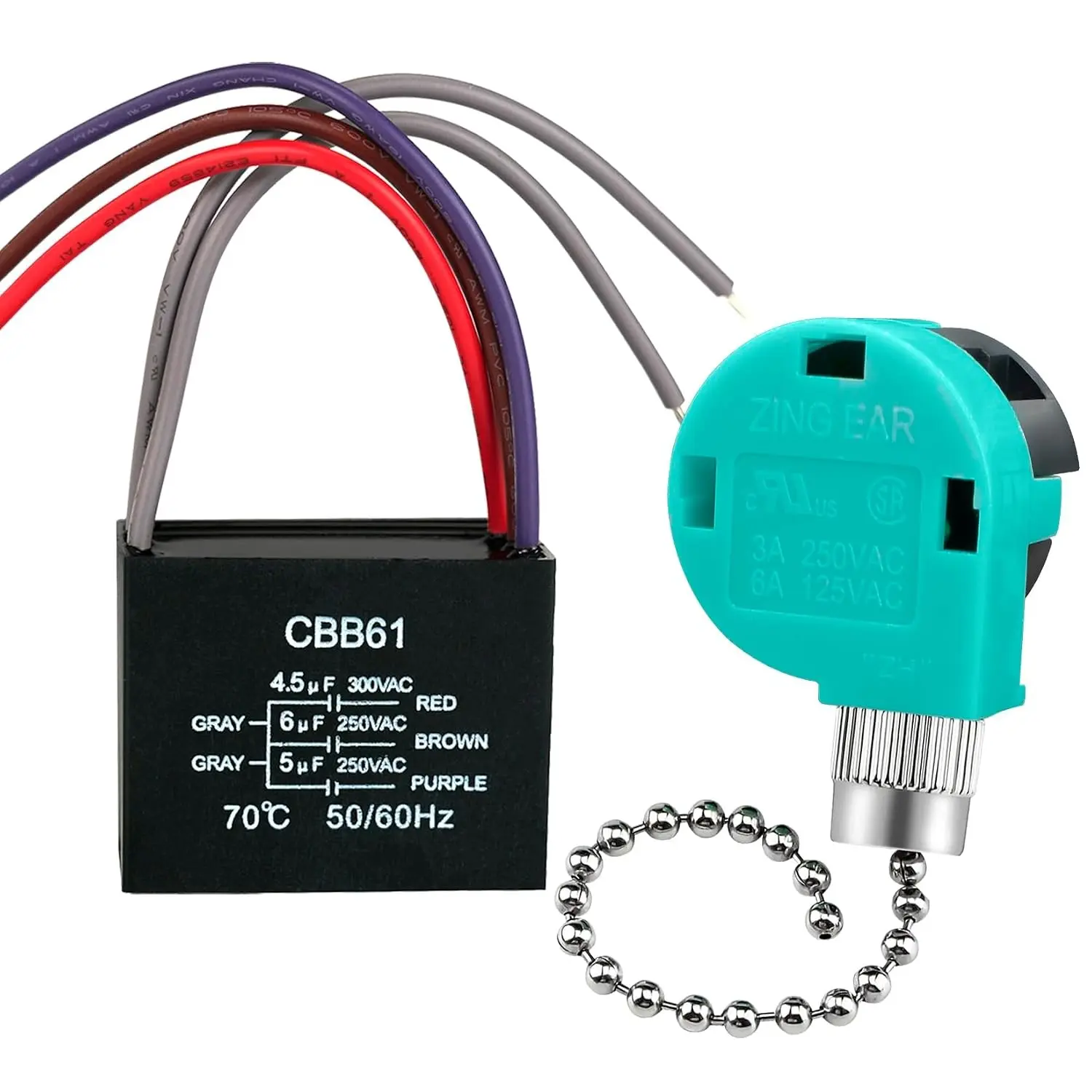 CBB61 Ceiling Fan Capacitor 4.5uf+6uf+5uf ZE 268S6 Pull Chain Switch Silver