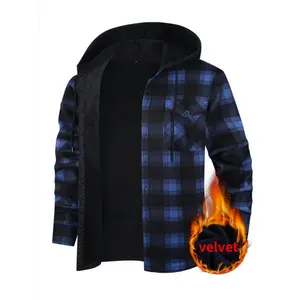 Men's Plaid Flannel Hooded Jacket - Warm Casual Winter Work Shirt with Pockets, Long Sleeves, Velvet Lining, and Collar for Loggers