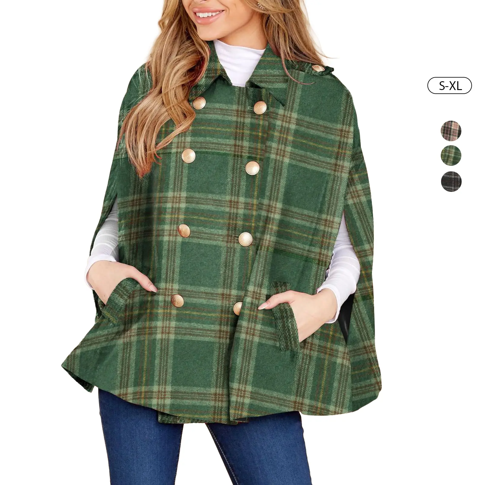 Womens Plaid Jacket Double Breasted Winter Cape Coats Turn Down Poncho with Pockets