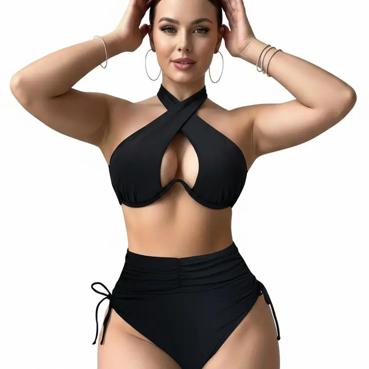 Black Criss Cross Halter Bikini Set, High Waist Ruched Tummy Control Swimsuit, Sexy Cutout Bathing Suit Y2KBikini Flattering Beachwear Sexy Cutout Halter Bikini solid color elegant swimwear 2 piece