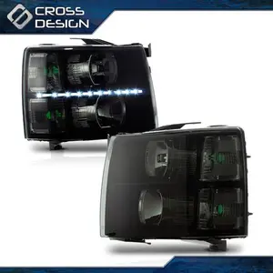 CROSSDESIGN LED DRL Headlight/Lamp Black Housing Smoke Lens Fit For 2007-14 Chevy Silverado