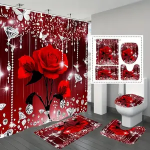 1/4 pc red iridescent rose pattern, exquisite shower curtain set, non-slip mat, U-shaped rug, toilet seat cover, perfectly suited for bathroom decoration, beautifies the space, includes 12 shower curtain hooks, Bathroom Decoration Accessories