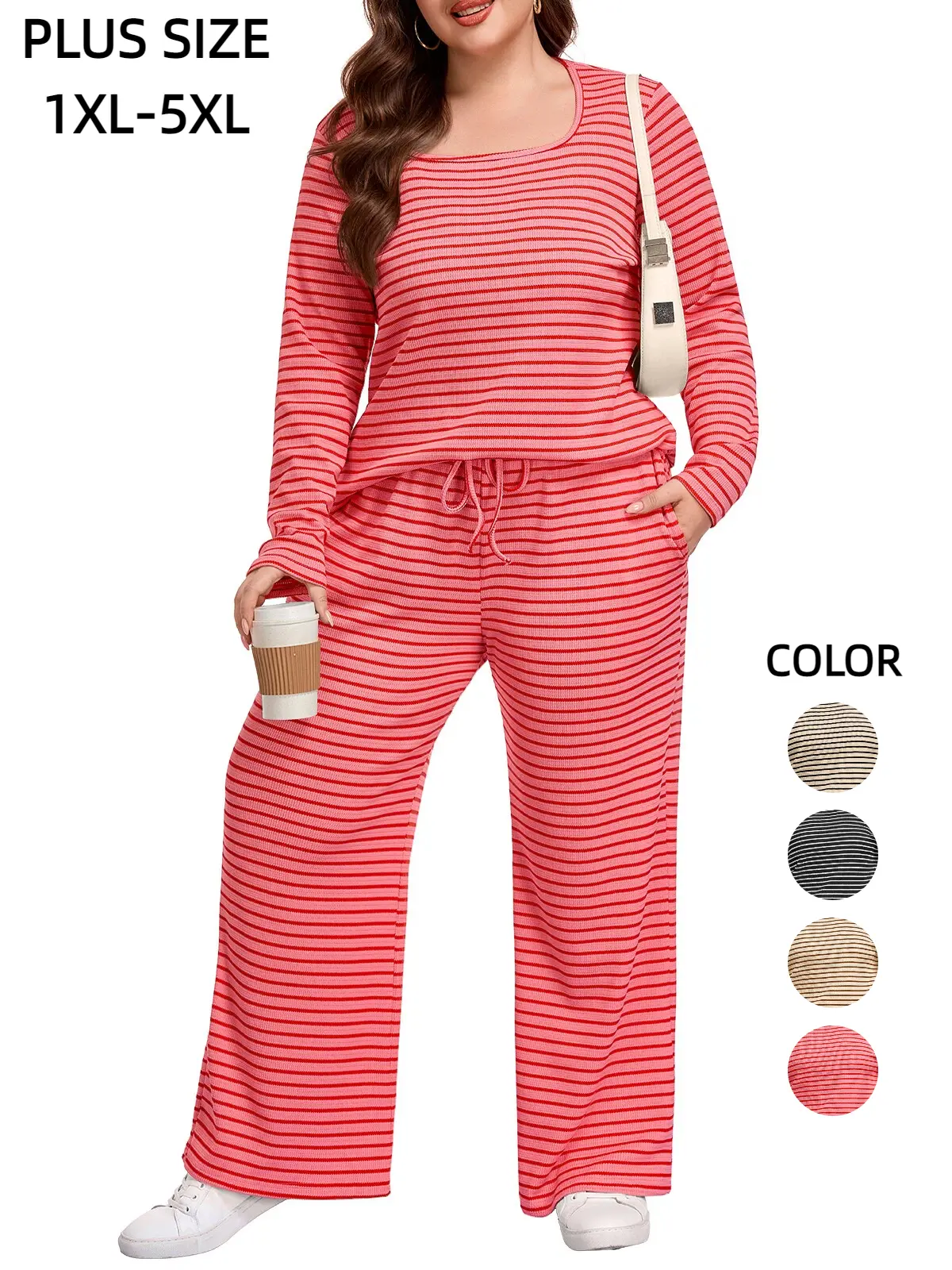 COOTRY Women's Plus Size Striped Matching Set Nightwear, 2-Piece Long Sleeve Lounge Wear Set for Fall Winter, Relaxed Fit Top and Pants