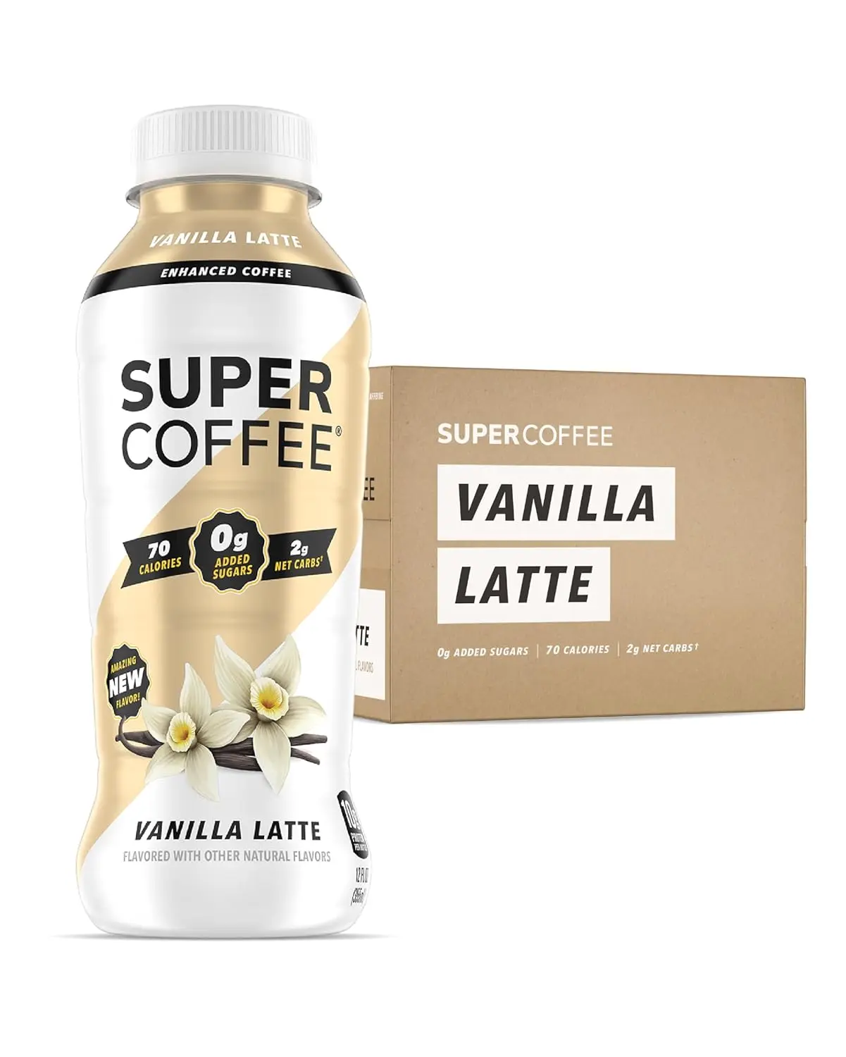Super Coffee Vanilla Latte 12oz Pack of 12 Low Carb Keto Enhanced Coffee with 200mg Caffeine 10g Protein 0g Sugar Ready to Go Bottle