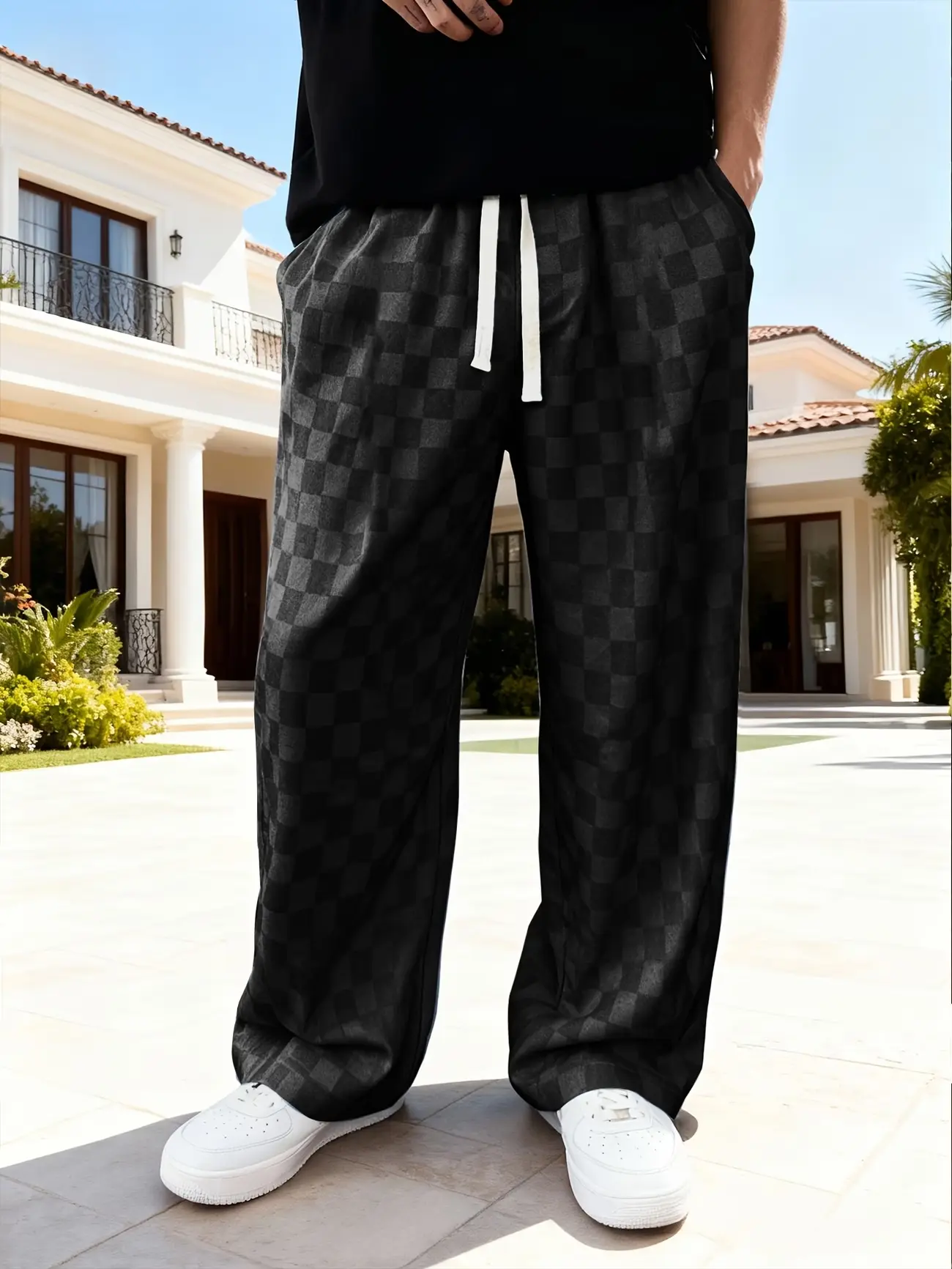 Men's Casual Checked Pants - Slim Fit Straight-Leg Menswear Casual Bottoms with Drawstring Elastic Waist, Breathable Stretchy Comfy Fabric for Outdoor Use, Opaque, Stretchy Fabric, Outdoors, Basic, M, Graphic, Party, H Type, Woven, Plaid, Holidays, Casual