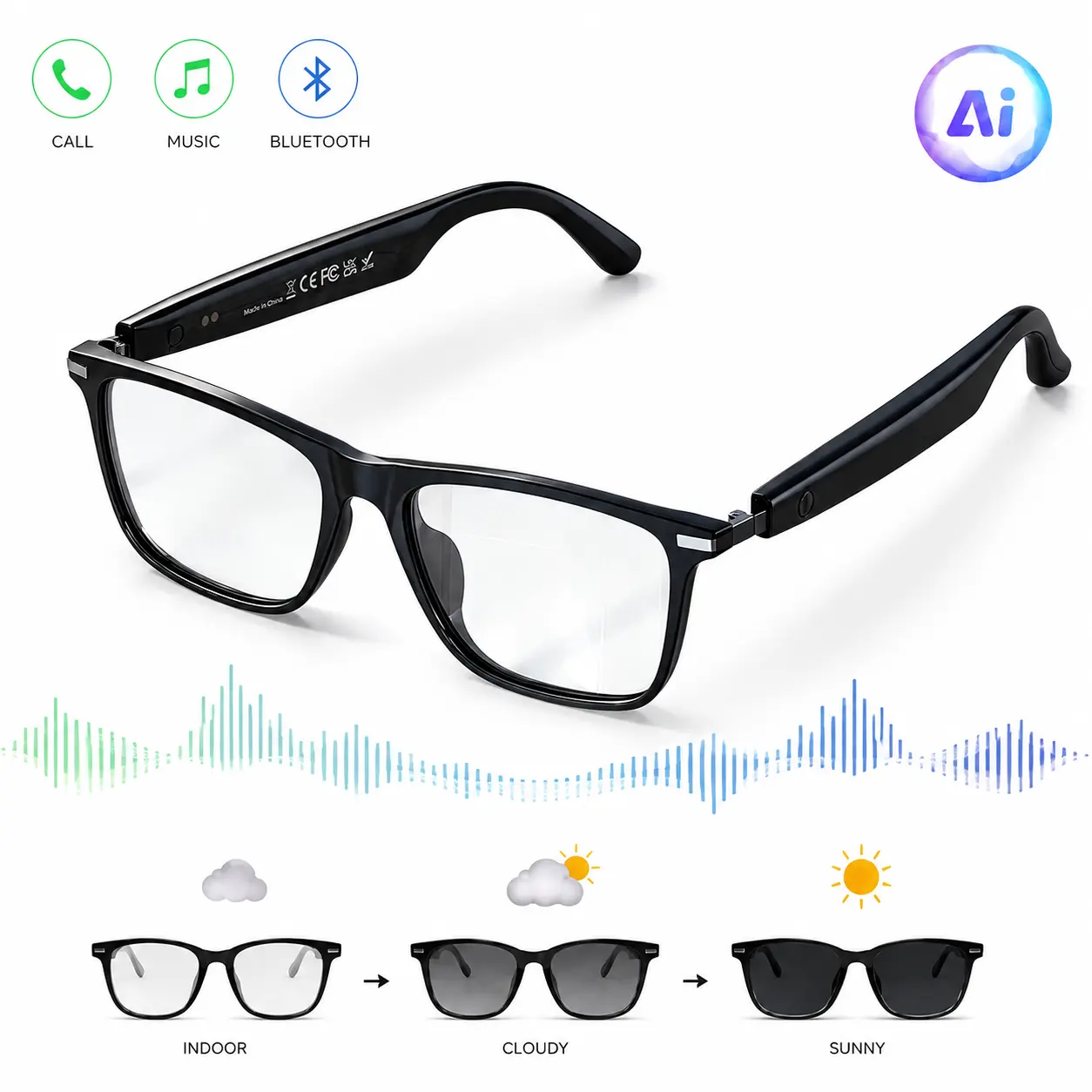 Smart Bluetooth Glasses with Photochromic Lenses, Open Ear Audio glasses with AI Translation Support, Hands-Free Calling, Music Listening & Lightweight Design for Travel and Daily Use