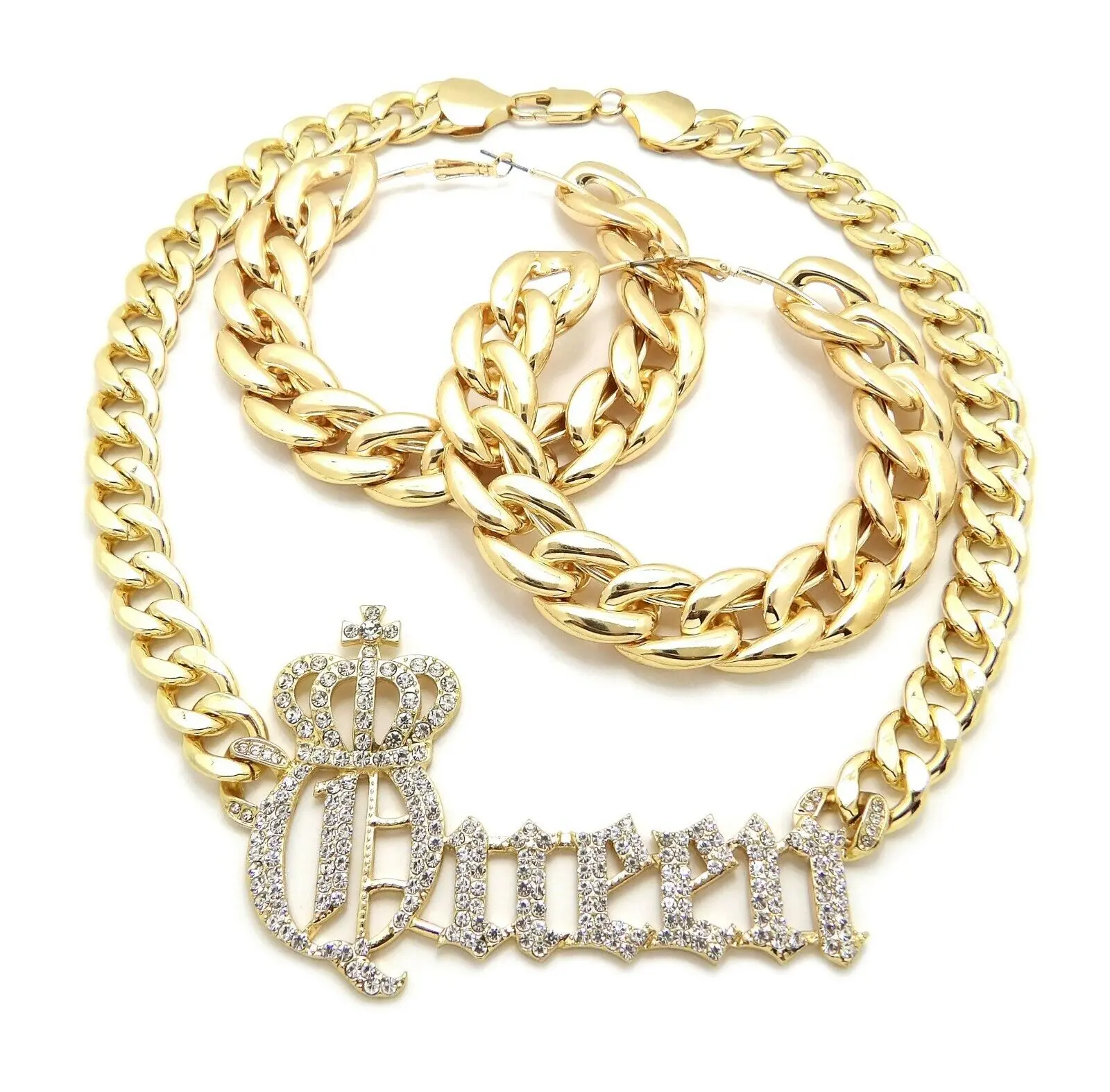 MaxBling81 Women's Iced Queen Crown Pendant Cuban Link Chain Necklace (18in) & Pincatch Hoop Earrings Unisex Jewelry Set - Gold, Shiny, Chain Accent Necklaces for Daily Fashion Gifting, Gold Necklaces