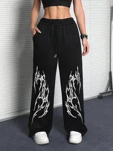 Women's Oversized Wide Leg Black Gothic Flame Graphic Sweatpants, Drawstring Dark Streetwear Joggers, Cozy Casual Pants for Daily, Street & Subculture Events, Unique Choice for Dark Aesthetic & Y2K Enthusiasts, Casual Street Trousers