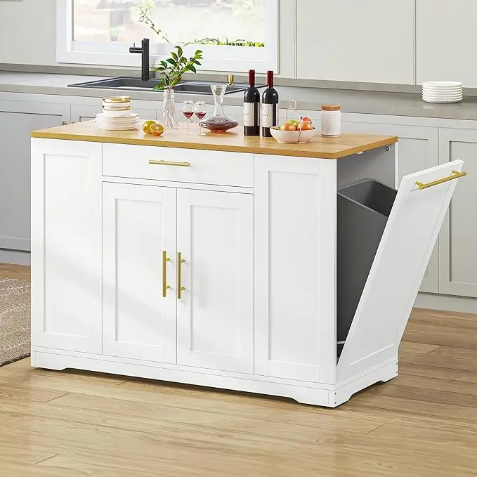Yitahome 53 inch Large Rolling Kitchen Island with Trash Can Storage Cabinet, Portable Mobile Islands Table Long Floating Movable w Wheels Cabinet for 13 Gallon