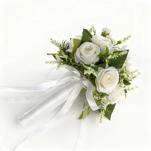 Forest Wedding Bouquet, Artificial White Rose Bridal Handheld Flowers for Ceremony, Bridesmaid, Flower Girl Decor Decorative