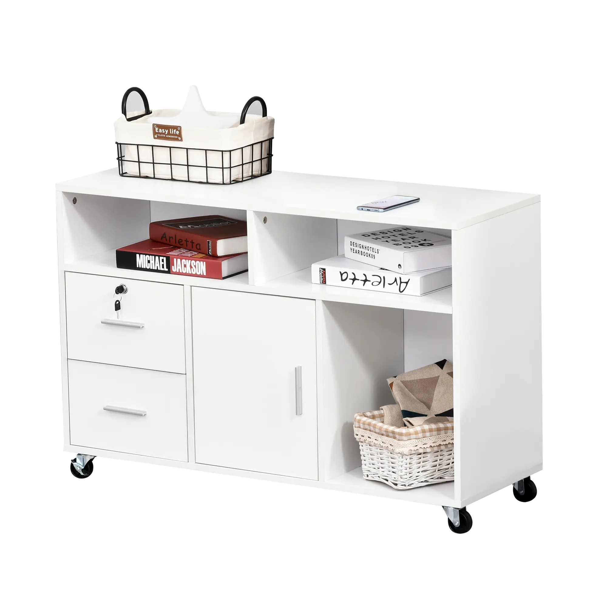 White Storage Cabinet on Wheels Printer Desk with Lockable Drawer and 2 Locking Casters for School Classroom Reception Area Snack Cart Coffee Station