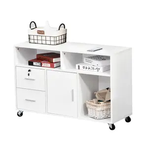 White Storage Cabinet on Wheels Printer Desk with Lockable Drawer and 2 Locking Casters for School Classroom Reception Area Snack Cart Coffee Station
