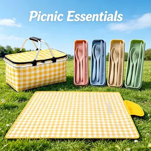 Reusable Picnic Bundle with  Gingham Insulated Basket,Mat & Reusable Cutlery for 4 People,Perfect for Camping, Beach, Hiking & Travel,summervibes