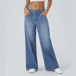 Low waisted zipper pocket washed loose wide leg casual jeansRAIMENTRY