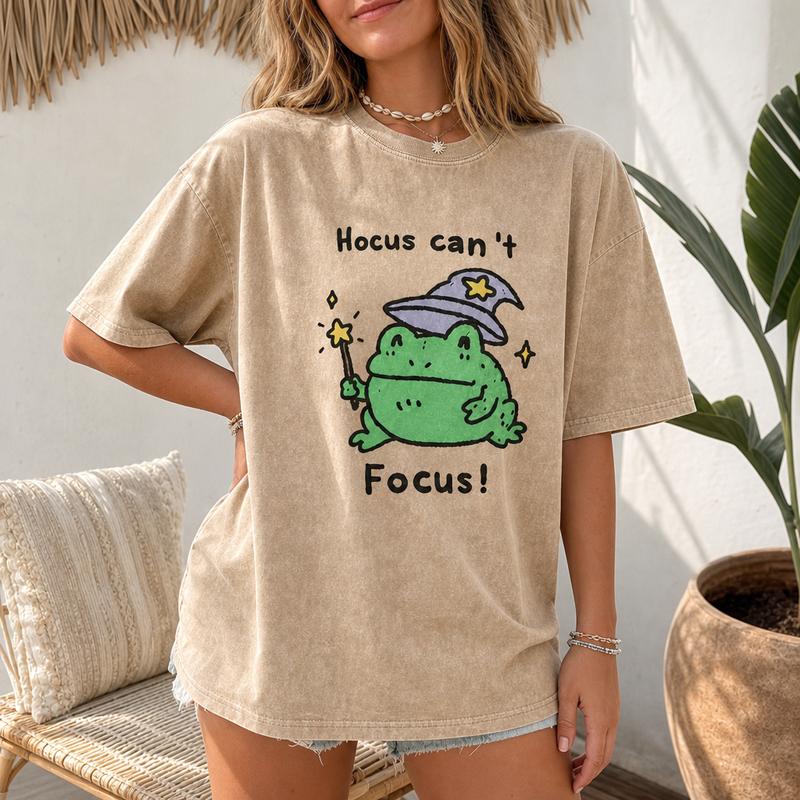 Focus Struggle Frog Graphic Tee for Women, Washed Cotton Oversized Neurodivergent Shirt S-5XL