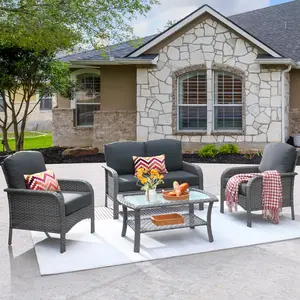 [2 Packages Delivery] 4 Pieces Patio Furniture Sofa Set, Outdoor Furniture Wicker Sofa & Chairs With Coffee Table,All Weather High Back Rattan Chairs 2 Seats with Comfy Cushions for Porch Deck