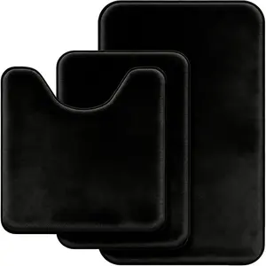 Black Bathroom Rug Set Memory Foam Bath Mats 3 Piece with Toilet Mats, Soft & Supportive, Shock Absorbing, Water Absorbent, Non-Slip Bath Rugs, Machine Washable, Area Rug, Home Decor Accessories