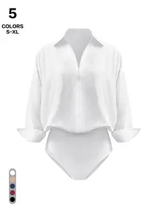 Women's Shirt Bodysuits Tummy Control Long Sleeve Collared Blouse Tops, Elegant Fitted Jumpsuit for All Seasons, Plain Pattern, Casual