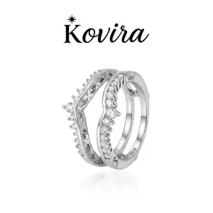 Kovira S925 Sterling Silver Vintage 5A Zircon Chevron Stacking Band Ring Set for Women Everyday Wear Bestie Gift