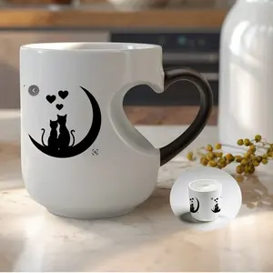 Moonlit Whiskers Cat Lovers Ceramic Mug, Thermosensitive Color Changing Mug with Heart Handle, Perfect 11 Oz Christmas Gift