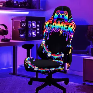 1Set Rainbow Wreath Game Controller Skull Pattern UV Blacklight Glowing Computer Game Chair Cover, for Computer gaming chair, Milk Fiber Fabric With Elastic And Detachable Design Machine Washable, Suitable For Home & Game Chair Decoration