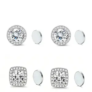 4pcs Fashion Moissanite Full Diamond Round Stud Earrings, Synthetic Moissanite Stud, Moissanite Halo Earrings, Hypoallergenic Magnetic Ear Clips, Comfortable Skin-Friendly Jewelry Gift