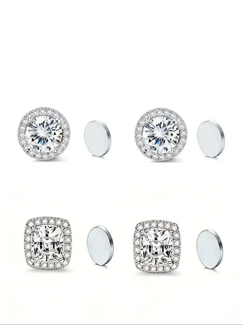 4pcs Fashion Moissanite Full Diamond Round Stud Earrings, Hypoallergenic Magnetic Ear Clips, Comfortable Skin-Friendly Jewelry Gift, Fashionable Earrings