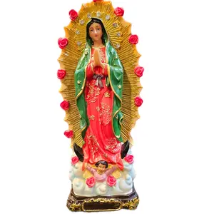 Our Lady of Guadalupe Statue with Red and Green Robe and Gold Halo Decorative Religious Figurine for Home Altar