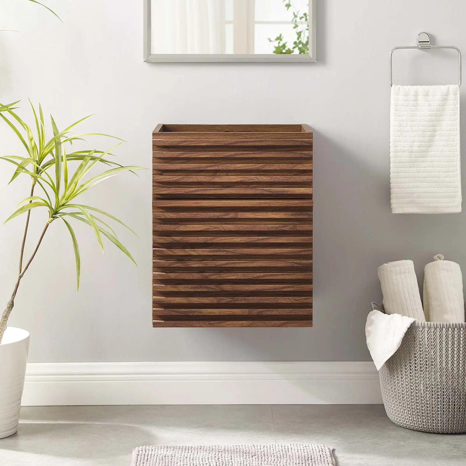 Modway Render 18" Wall-Mount Bathroom Vanity Cabinet - Bathroom Storage Cabinet (Sink Basin Not Included), Walnut, Modern Storage Cabinet