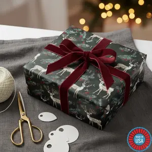 Winter Woodland Deer Wrapping Paper Holiday Gift Wrap Rustic Christmas Paper Roll Cozy Nature Paper Black and Red Festive Seasonal Reindeer