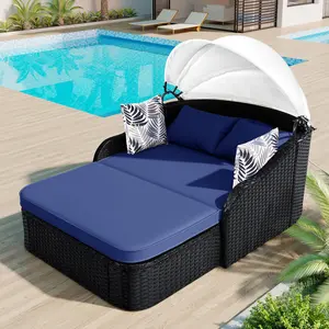 79.9" Outdoor Sunbed with Adjustable Canopy, Double lounge, PE Rattan Daybed, Black Wicker and Blue Cushion
