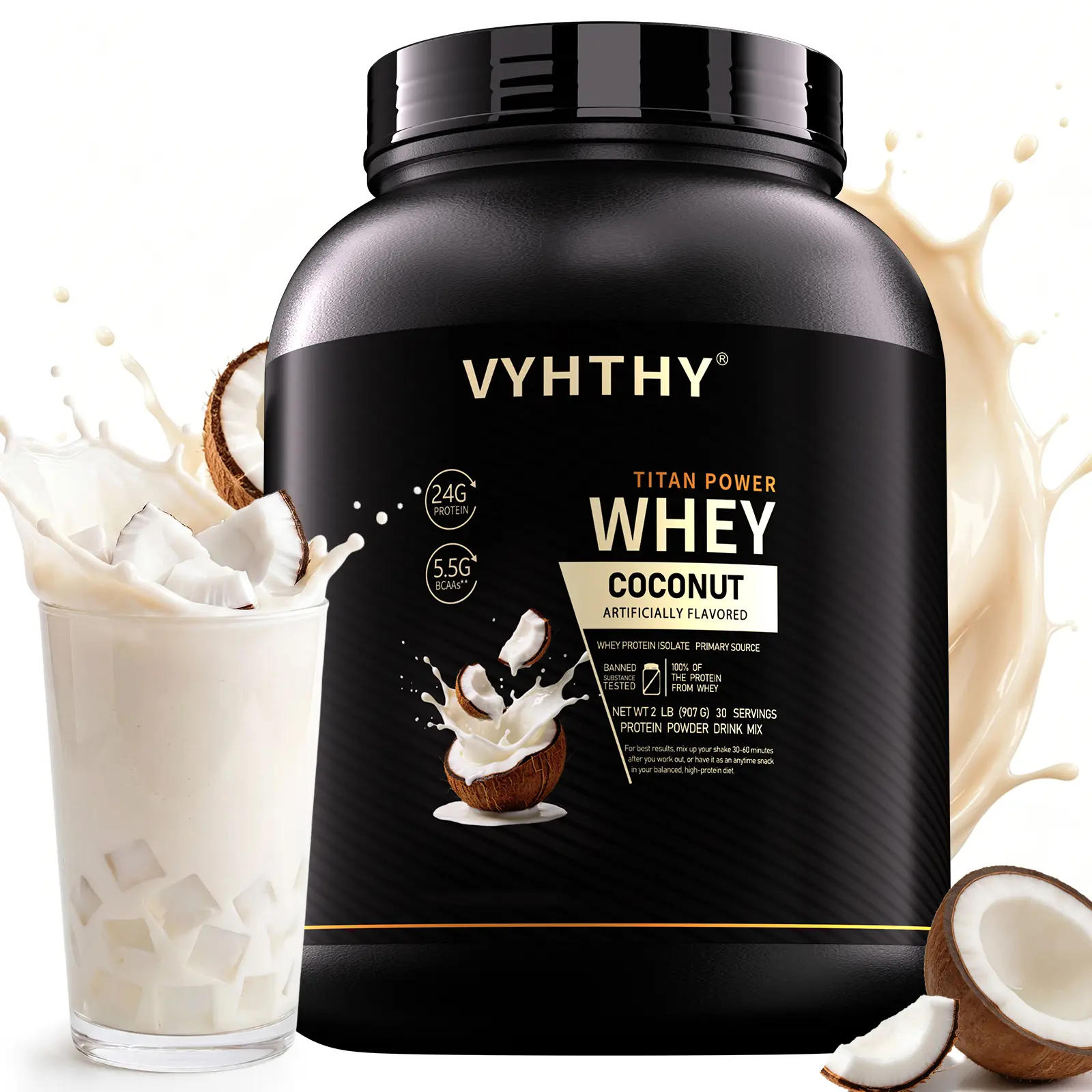 VYHTHY Whey Protein Powder - Coconut Flavor, 24g Protein, 3.5g BCAAs, Sugar-Free, High-Quality Whey Isolate & Concentrate, Supports Muscle Growth & Recovery - Healthcare Fitness Supplement tiktokshopspringglowup