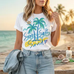 Sun Salt Sand Women's Tropical Graphic Print Short Sleeve T-Shirt - White Round Neck Summer Beach Tee with Palm Tree & Sun Design,for Spring/Summer Outfits, Spring Outfit Shirt, Youthful Design Shirt