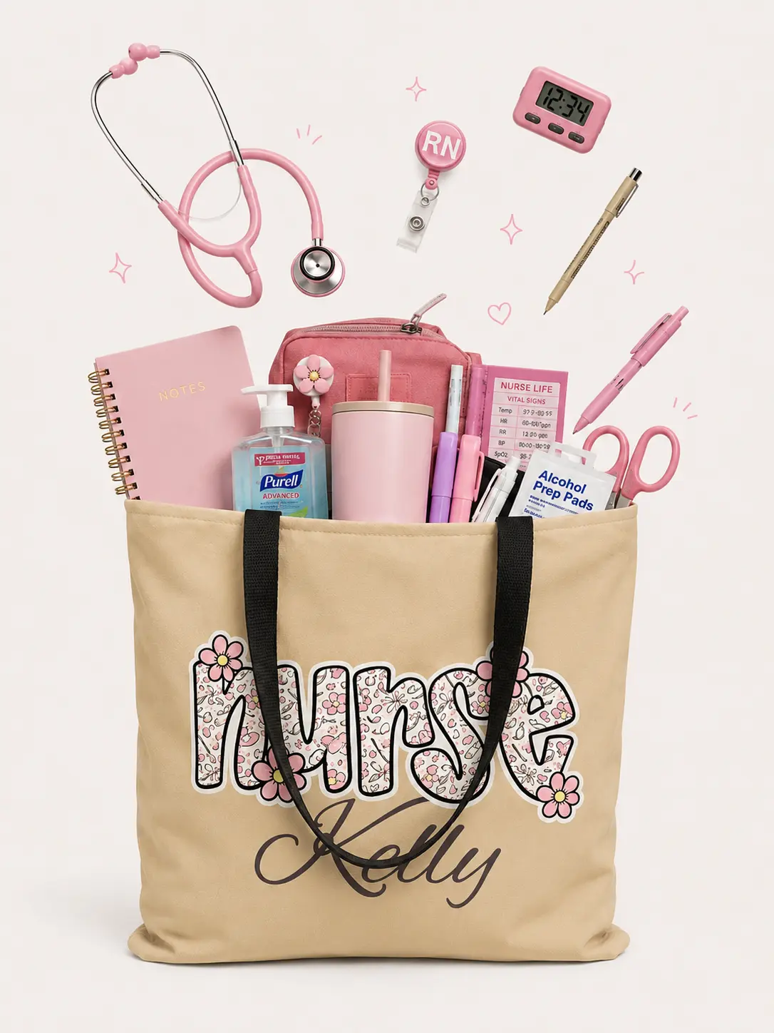 Floral 'Nurse' Name Personalized Tote Bag | Custom Kelly Tote