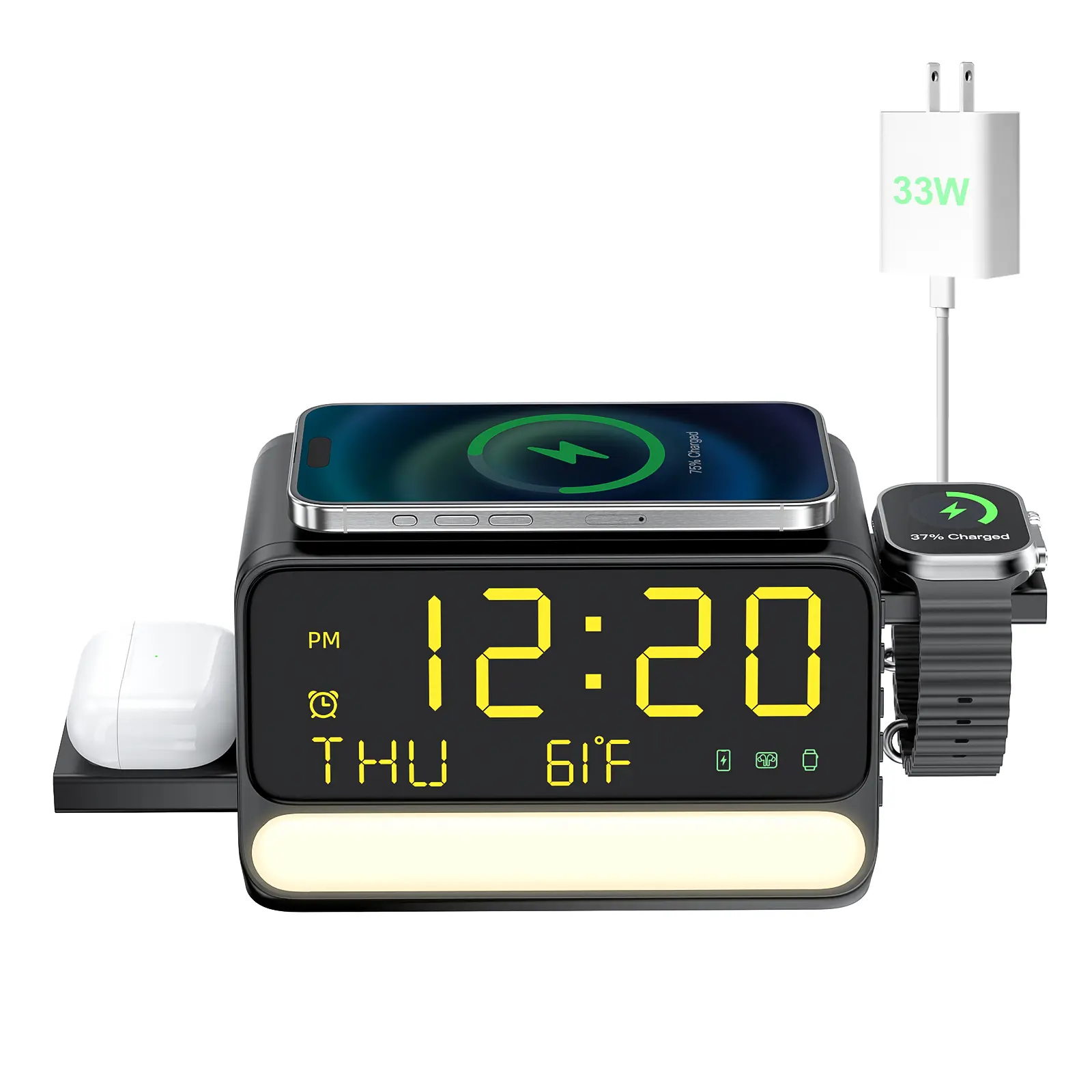 BLKE 7-in-1 Wireless Charging Station with Alarm Clock, Fast Charge, LED & Voice-Controlled Night Light, Bluetooth Time Sync, Temperature Display, Compatible with iPhone, Android, Apple Watch, Samsung Watch & Earbuds, 33W Adapter Incl,mothersdaygift