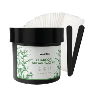 Waxkiss Charcoal Sugar Hair Removal Wax Kit 10.6oz/300g with 12 Strips & 2 Sticks for Face Eyebrow Body Legs Arms Bikini Back Sensitive Skin All Types
