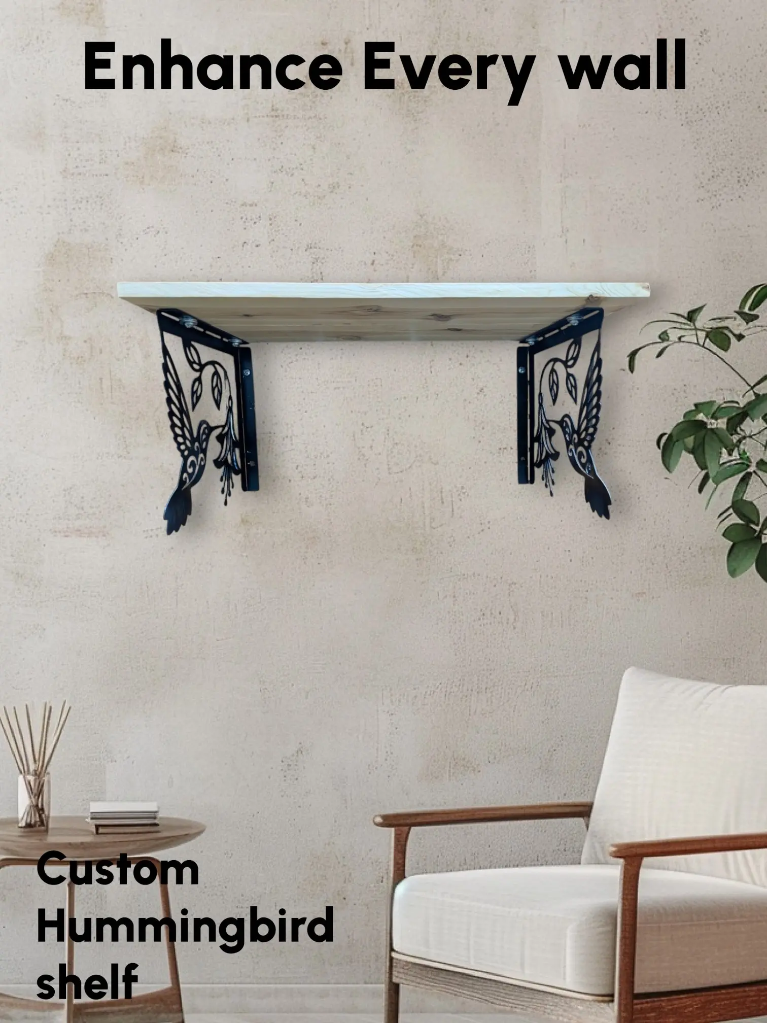 Raw Metal and Natural Wood shelf with Intricate Hummingbird Design