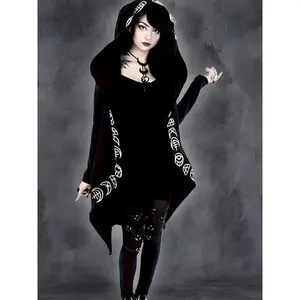 Plus Size - Gothic Cape Coat Plus Size - Dark Forest Witchcraft Print with Hoodie and Metal Buckle | Extra Large Witch Corner Casual Black Women's Wear