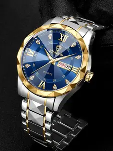 Men's Business Watch, 30m Waterproof Stainless Steel Quartz, Rhinestone Dial, Luminous Hands, Calendar Date Function, Case