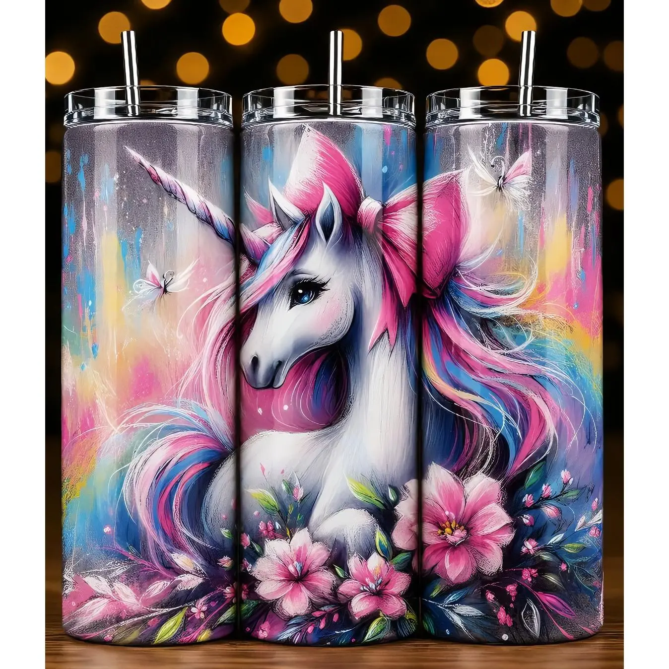 Unicorn 20oz Tumbler - Colorful Design with Floral and Butterfly Motifs, Ideal for Drinks and Beverages