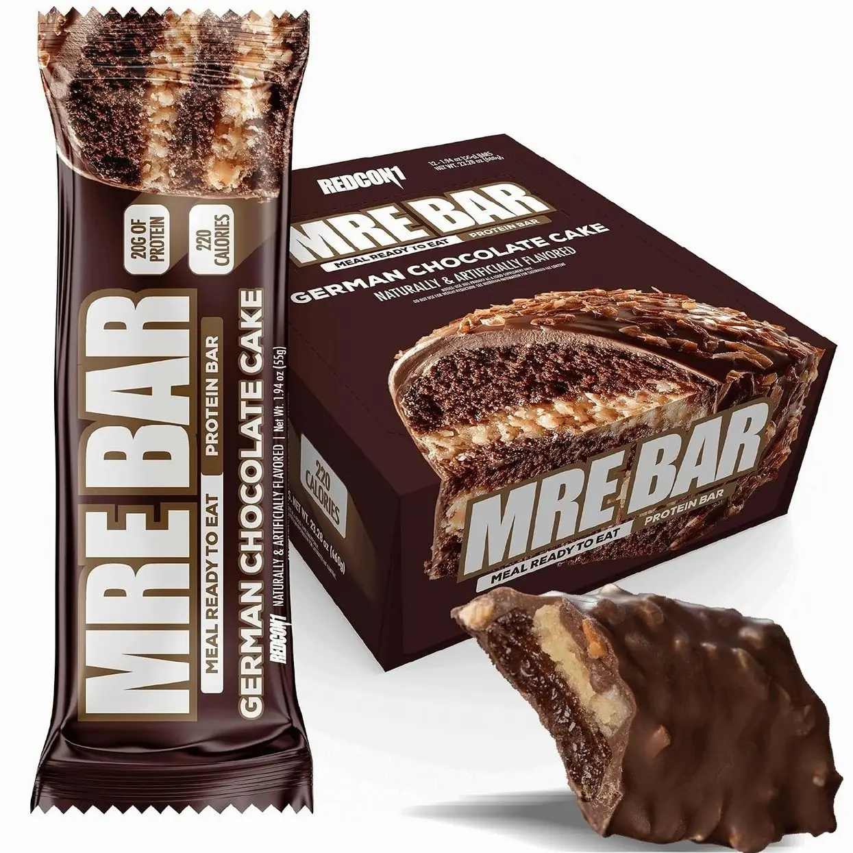 REDCON1 MRE Protein Bars German Chocolate Cake - 12 Count, 20g High Protein Snack - Nutrition Bar - On-The-Go Breakfast or Post-Workout Snack