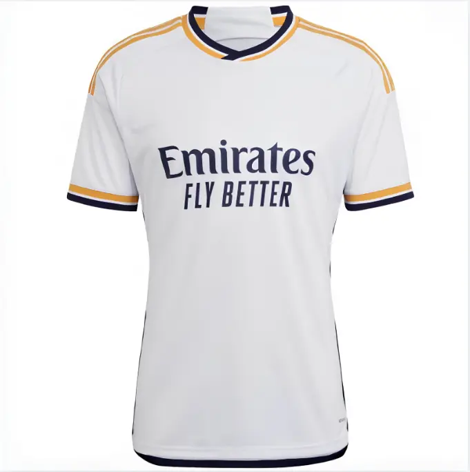 Madrid 23/24 Home Soccer Jersey, Men’s White Short Sleeve Football Shirt, Gold Accent V Neck Game Day Sports Top, Soccer Fan Gift