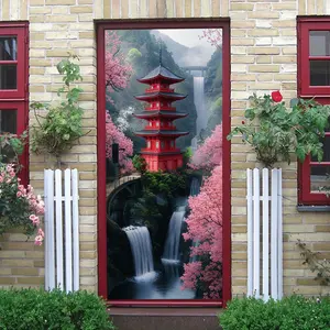 2pcs   Japanese Style Red Pagoda Wall Sticker Cherry Blossom Waterfall Landscape Decal Living Room Entrance Decor Self Adhesive Removable Home Decoration Wall Art  Collage Self-Adhesive Door Sticker