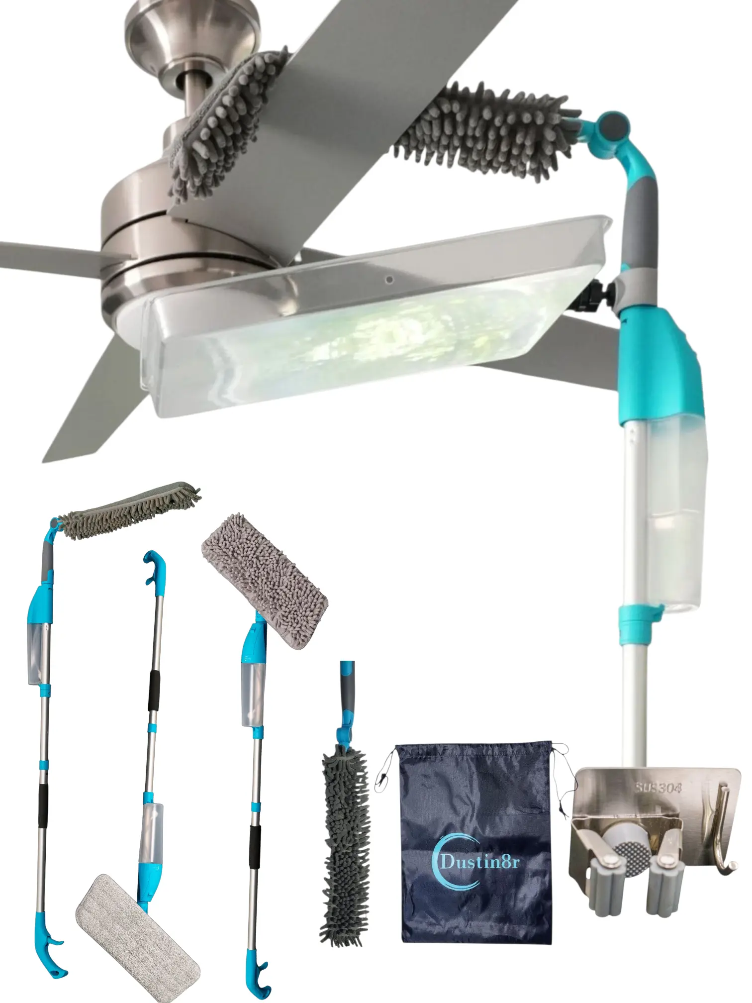 Dustin8r- Patented 3-in-1 Ceiling Fan Cleaner with Detachable Dustpan, Spray Mop and Wall Cleaner. Furniture Duster. Unique Upward Spray System.Lightweigth. Storage Bag and Hook Included!