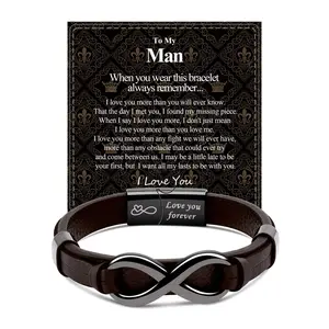 Men's Leather Bracelet with Infinity Symbol, Stainless Steel Black Magnetic Clasp, Engraved Bracelet, Brown Figure 8 Leather Bracelet